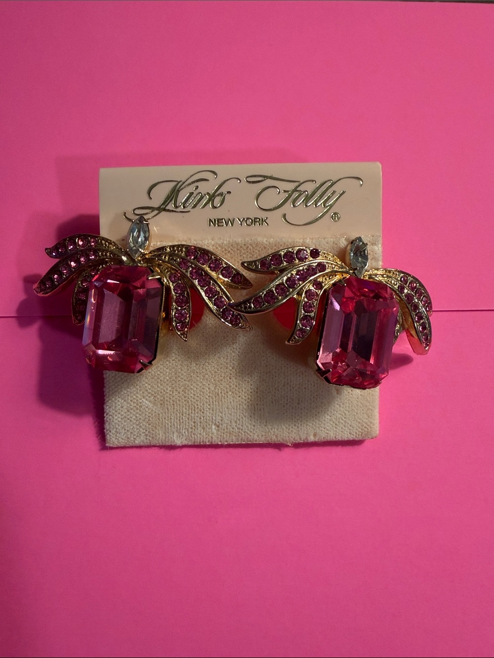 Kirks Folly Gold-Tone Palm Earrings with Bright Pink and Clear Crystals